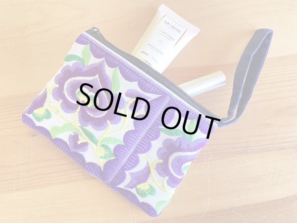 画像4: タイ モン族 刺繍 ポーチ S ホワイト×パープル (4)