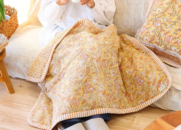 画像5: インド ブロックプリント ブランケット フラワー リバーシブル ブルー (5)