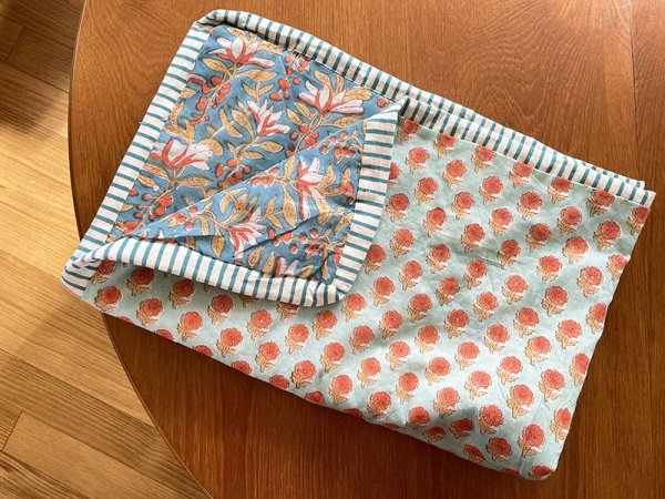 画像1: インド ブロックプリント ブランケット フラワー リバーシブル ターコイズ (1)