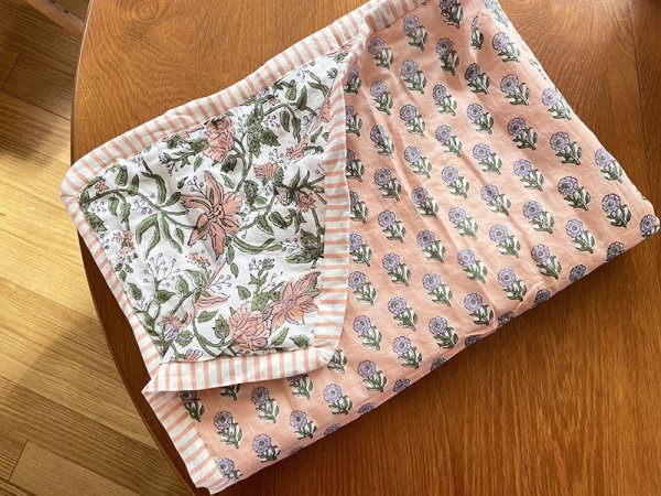 画像1: インド ブロックプリント ブランケット フラワー リバーシブル ピンク (1)