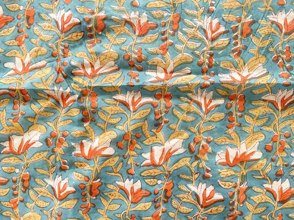 画像3: インド ブロックプリント ブランケット フラワー リバーシブル ターコイズ (3)