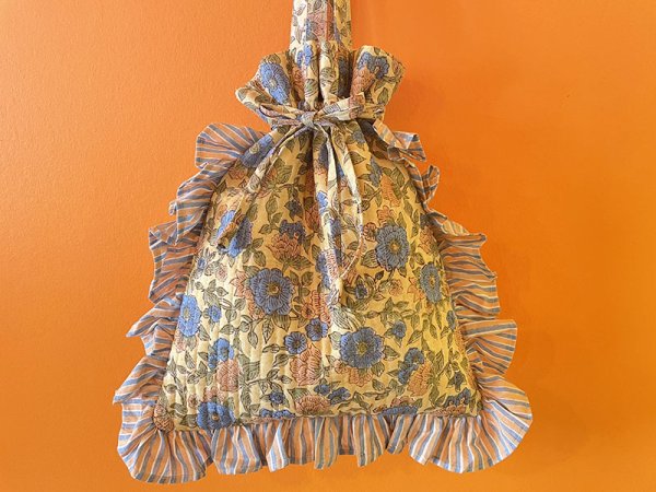 画像1: インド ブロックプリント フリル巾着トートバッグ フラワー イエロー (1)