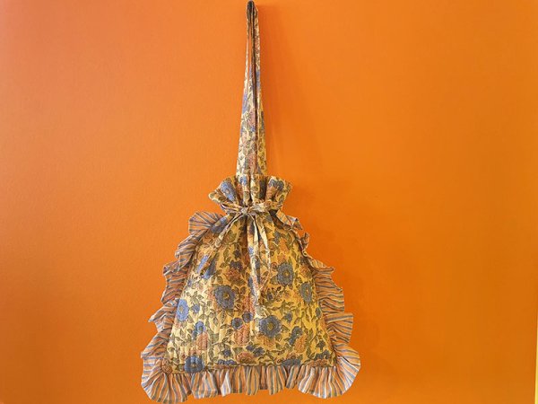 画像2: インド ブロックプリント フリル巾着トートバッグ フラワー イエロー (2)