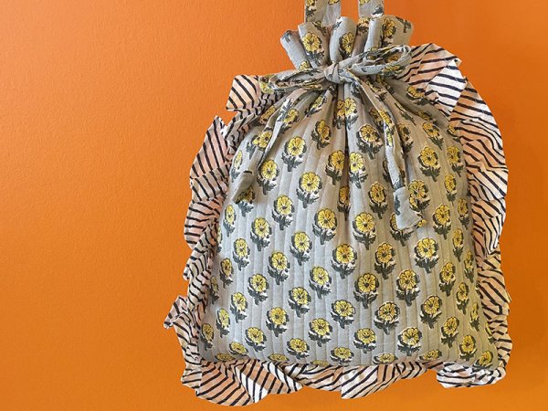 画像1: インド ブロックプリント フリル巾着トートバッグ フラワー グリーン (1)