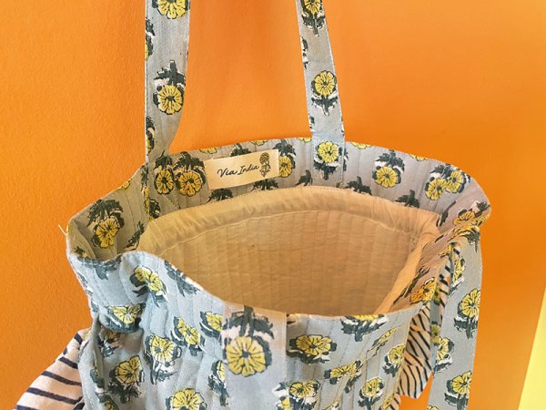 画像5: インド ブロックプリント フリル巾着トートバッグ フラワー グリーン (5)