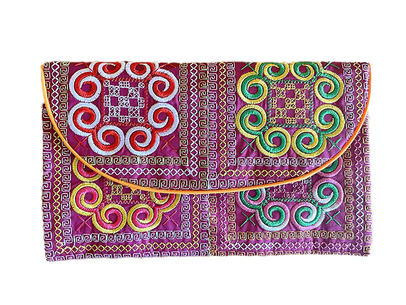 タイ モン族 刺繍 フラットポーチ レッドパープル (パイピング オレンジ)