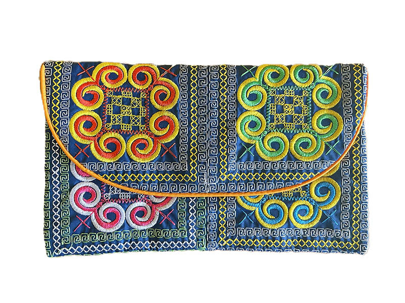 タイ モン族 刺繍 フラットポーチ ブルー