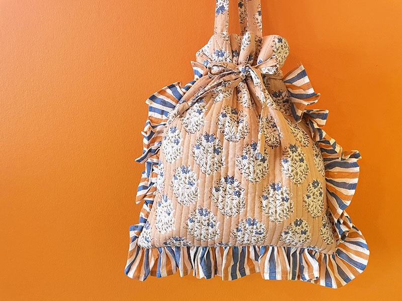 インド ブロックプリント フリル巾着トートバッグ フラワー ピンク