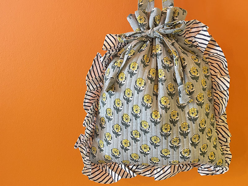 インド ブロックプリント フリル巾着トートバッグ フラワー グリーン