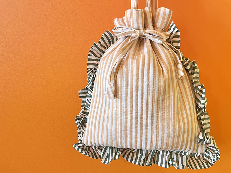 インド ブロックプリント フリル巾着トートバッグ ストライプ ピンク